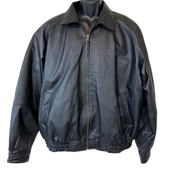 Black Leather Pabst Beer Exclusive Burk’s Bay Napa Bomber Jacket - Picture 1 of 16